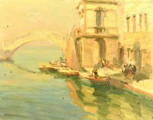 20th Century Impressionist School, figures and boats on a Venetian quay, oil on panel, 11.75