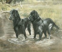 Marion, Circa 1990, a scene of flat-coated retrievers in a river, watercolour, signed and inscribed,
