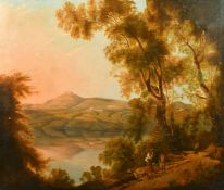 19th Century Italian School, wayfarers on a road by a lake with buildings on a hillside beyond,