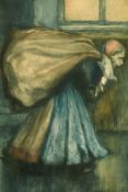 Emile Thysebaert (1873-1963), a lady carrying a sack, colour etching, 15