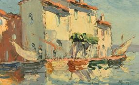 20th Century Continental School, a Southern view of boats moored beside buildings, oil on panel,