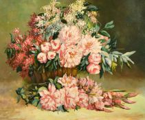20th Century School, A still life of mixed flowers in a basket, oil on canvas, 20