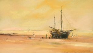 20th Century Continental, A coastal scene with figures by a beached sailing boat, pastel,