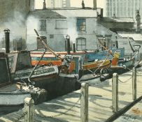 Michael Kilfoyle (1937-2013) Barges moored at a wooded jetty near buildings, watercolour, signed and