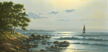 20th Century French School, a sailing boat by a cove at moonlight, oil on canvas, indistinctly