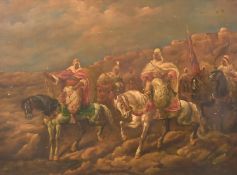 20th Century, A pair of scenes of eastern horseman brandishing weapons, oils on panel, each 12