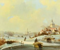 Leendert de Vogel (1909-1979) Dutch, 'Skating on Ijsselmeer near Harderwijk', oil on canvas, signed,