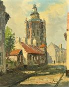 20th Century Continental School, figures on a city street, oil on canvas, 19.75