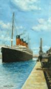 After Norman Wilkinson (20th Century) The Titanic in dock, oil on canvas, bears signature, 24