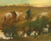 19th 20th Century, 'End of the day', a man leading a pony along a path by a stream with bulrushes