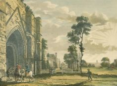 Chesham after Paul Sandby, 'View of the Gateway of the Old Abbey at Reading', hand coloured print,