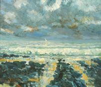 Mid-20th Century French School, a view of a sailboat from a beach, oil on panel, indistinctly