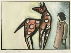 Penny Headley (b. 1950) Girl with a polka dot horse, acrylic on card, inscribed, signed and dated