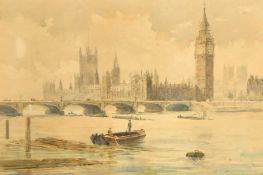 19th Century, A view of Big Ben, The Houses of Parliament and Westminster Bridge, watercolour,