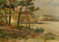 Mid-20th Century French School, a coastal view with a rocky outcrop, oil on canvas, 13