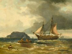 Late 19th Century, A tall ship and other shipping out to sea with a rocky out crop beyond, 9.5