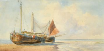 John Mogford (1821-1885) British, Boats on the sand, Dutch Pinks and a Whitby Lugger, watercolour,