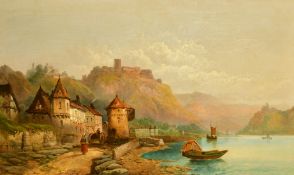 Circle of Horlor, a figure approaching a town on a Continental River, oil on canvas, 24