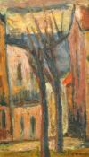 Rolande, 20th Century French School, a view of a town street at dusk, oil on board, signed, 21