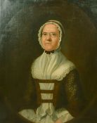 An 18th Century half-length portrait of a lady in a lace headdress, possibly American, oil on