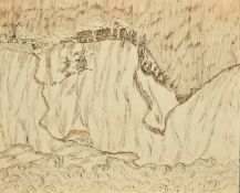 19th Century English School, Soldiers marching on a coastal path towards a Fort with soldiers