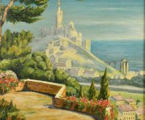 Colette Lamot (20th Century) French School, a view of a castle by the sea from formal coastal