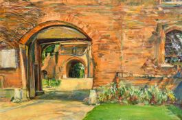Nancy Huntly (Mother of Faith Sheppard) A view through a gateway into a formal garden, oil on