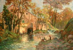 20th Century French School, a view of figures washing clothes on a river, oil on canvas, 25.5