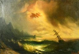 Manner of Aivazovsky, Russian, A loan masked ship on the coast at dusk, oil on canvas, signed and
