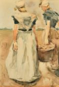 Circle of George Clausen, Farm workers carrying produce, watercolour and pencil, 21