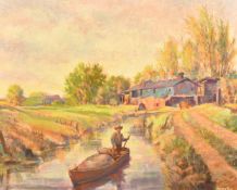 Henry Fox (20/21st Century) A landscape with buildings and a man in a boat on a river, oil on board,