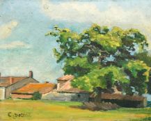 C. Delleil, Circa 1933, buildings in a summer landscape, oil on panel, signed and inscribed verso,