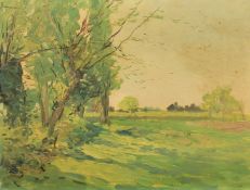 Early 20th Century French School, a tree lined open field, oil on panel, indistinctly signed, 10.