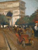 A. Patay (early 20th Century) Figures and motorists on a busy boulevard with L'Arc de Triomphe