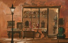 Deborah Jones (20th Century) 'Mrs Dabbs Antiques', a shop with items displayed on the pavement,
