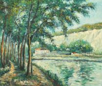 Martinson (20th Century) Continental School, an impressionist view of buildings by a river, oil on