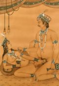 Three Indian erotic miniature paintings, the borders with floral decoration, paintings with