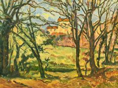 20th Century French School, a view of village buildings through trees, oil on board, 10.75