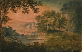 Circle of William Payne, study of a village church at sunset, watercolour, 3.25