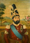 Ahmad (active 1819-1844) Persian, A portrait of Mohammad Shah Qajar with a vase of flowers and a
