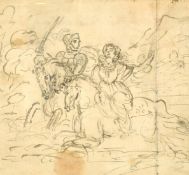 Early 19th Century English School, an ink sketch of figures on horseback, 4.5
