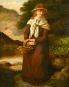 19th Century English School, A study of a lady by a river holding a basket, oil on canvas, 18