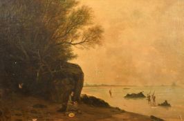 19th Century Continental School, a female figure waiting on a sandy cove, oil on canvas, signed with