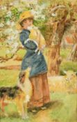 Style of Renoir, A lady standing by a tree in blossom holding a lamb, a dog alongside and a sheep
