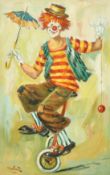 Martinez (20th Century), a clown on a unicycle, oil on canvasboard, signed, 15.5