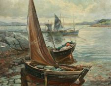 Gustave de Keukelaere (1881-1950), fishing boats moored in a Breton cove, oil on canvas, signed,