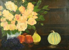 20th Century French School, a still life of flowers and mixed fruit, oil on canvas, indistinctly
