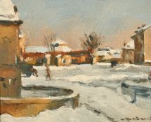 20th Century French School, a town fountain and buildings in snow, oil on canvas, indistinctly