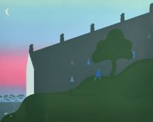 Julia Matcham (20th Century) A screen print, a figure wearing a blue coat walking up a hill,