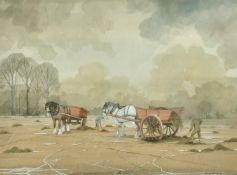 Bryan Conway (20th Century) British, 'February Fildyke', horses and workers in a field, watercolour,